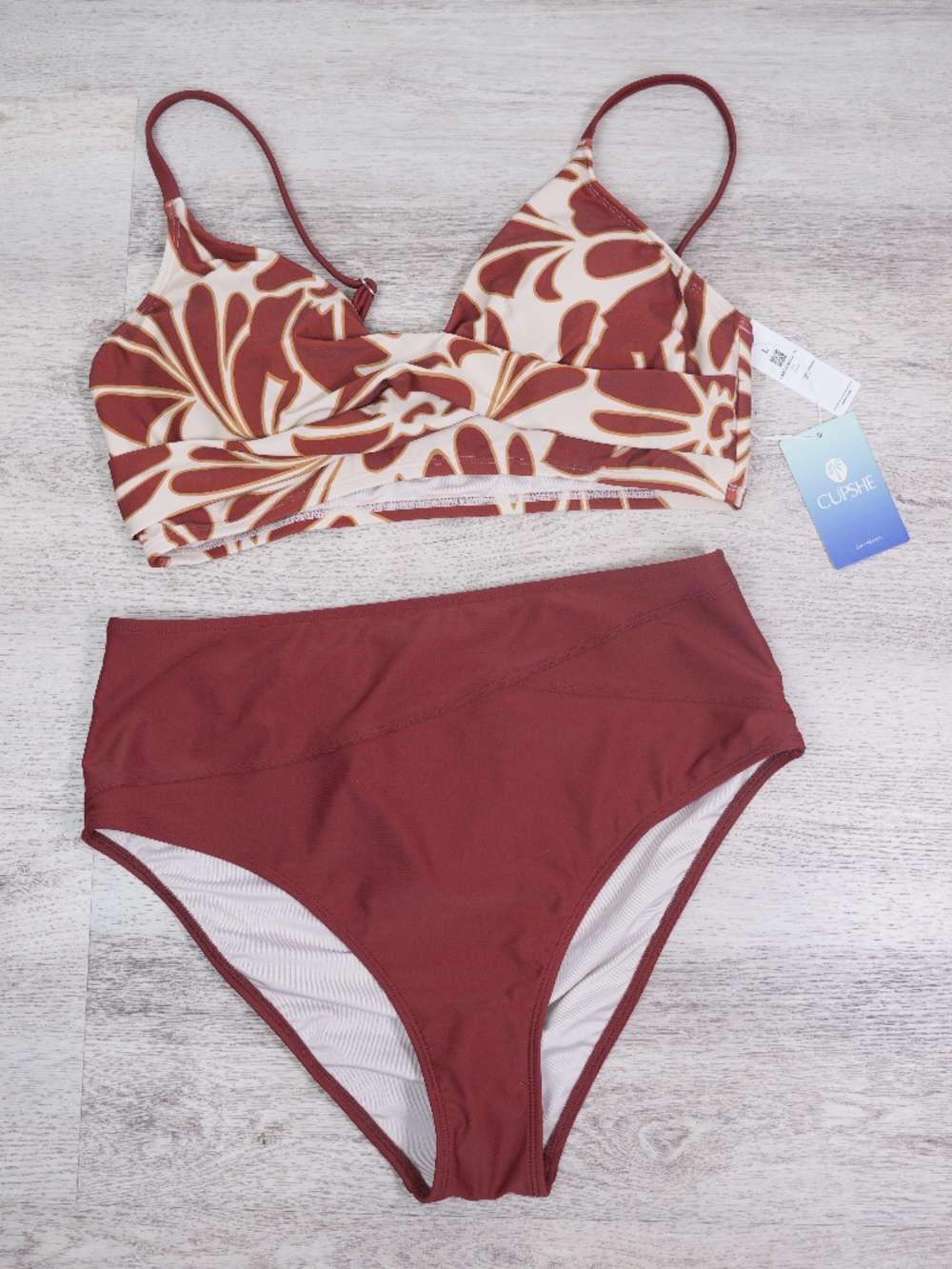 Cupshe Women’s Bikini Set Size L Rust Brown Floral High Waist Wrap 2 Piece NWT